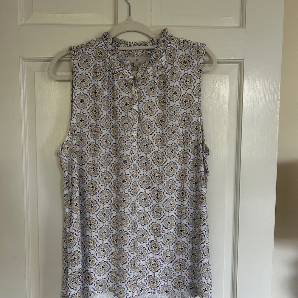 LOFT Women's Geometric Sleeveless Blouse - Blue and Cream